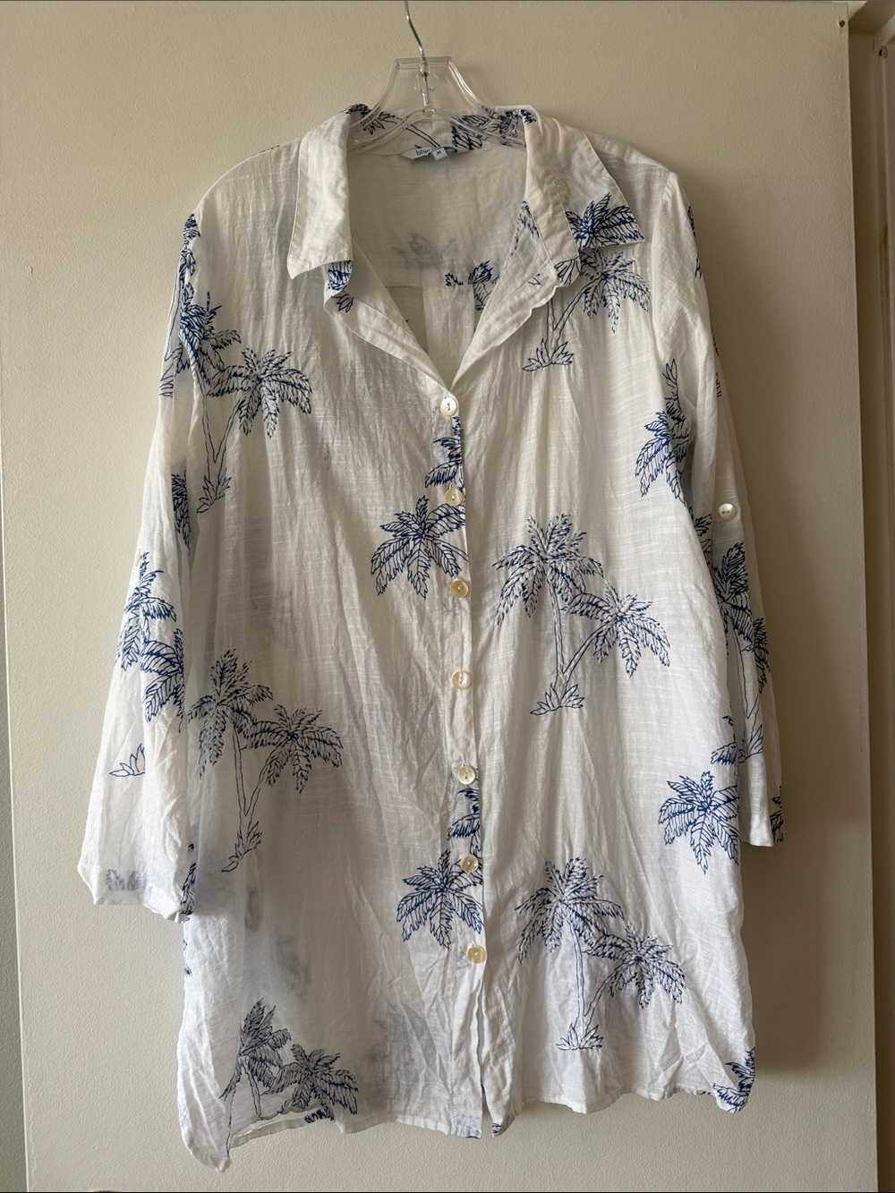 Blue Island White Cotton Embroidered Palm Tree Button Down Shirt Swim Cover Up M